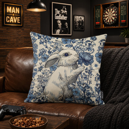 Luxury Blue Bunny Botanical Cushion | Premium Velvet Suede | Double-Sided Print