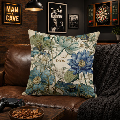 Luxury Blue Botanical Designer Cushion | Premium Velvet Suede | Double-Sided Print