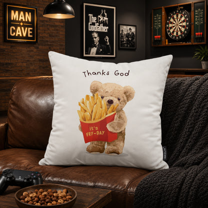 Thanks God It's Fry-Day Teddy Cushion | Premium Velvet Suede | Double-Sided Print