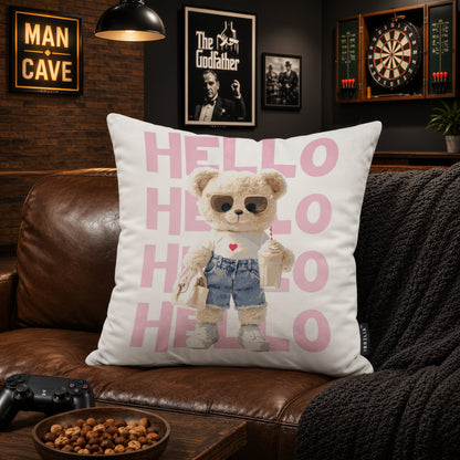 Hello Teddy Cushion | Premium Velvet Suede | Double-Sided Print