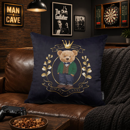 Royal Teddy Crest Cushion | Premium Velvet Suede | Double-Sided Print