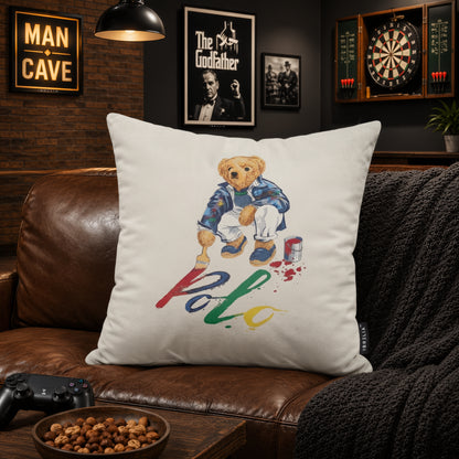 Artist Teddy Bear Velvet Suede Decorative Cushion | Premium Double-Sided Print