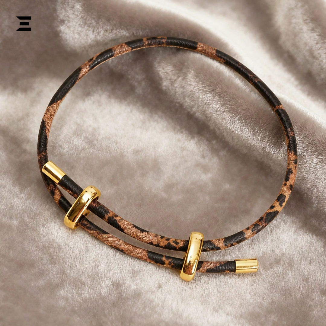 Leopard Print Adjustable PU Bracelet | Gold Metal Buckle Wristband for Women | IBRELIA™