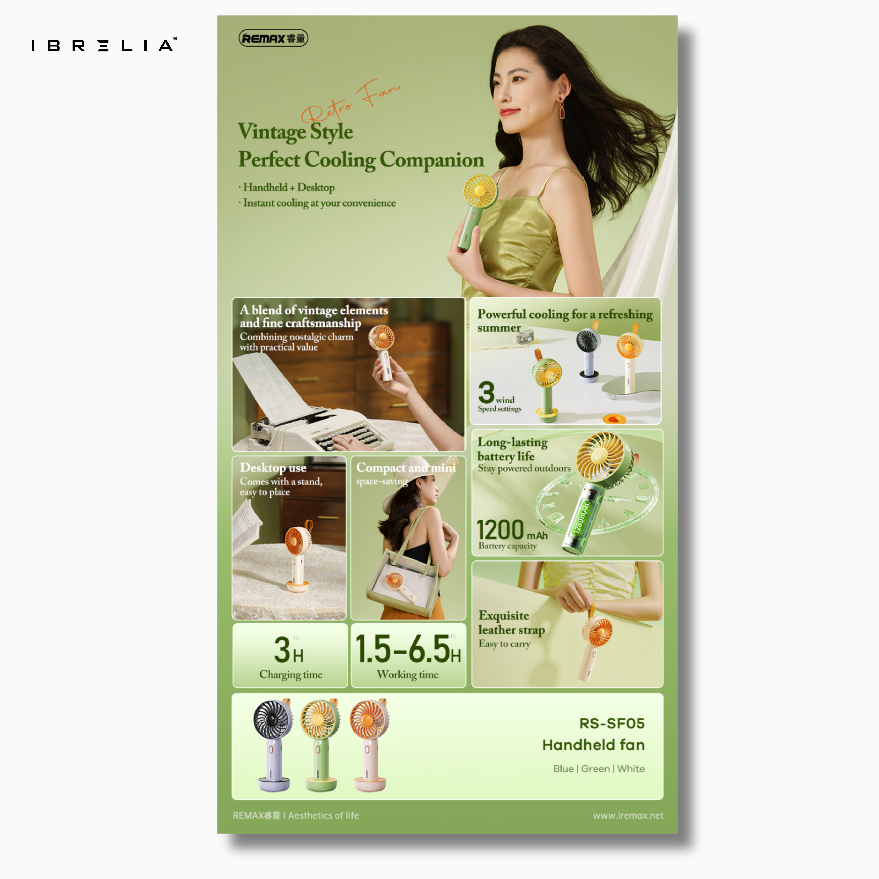 REMAX RS-SF05 Retro Handheld Mini Fan | Portable Cooling | USB Rechargeable | IBRELIA™
