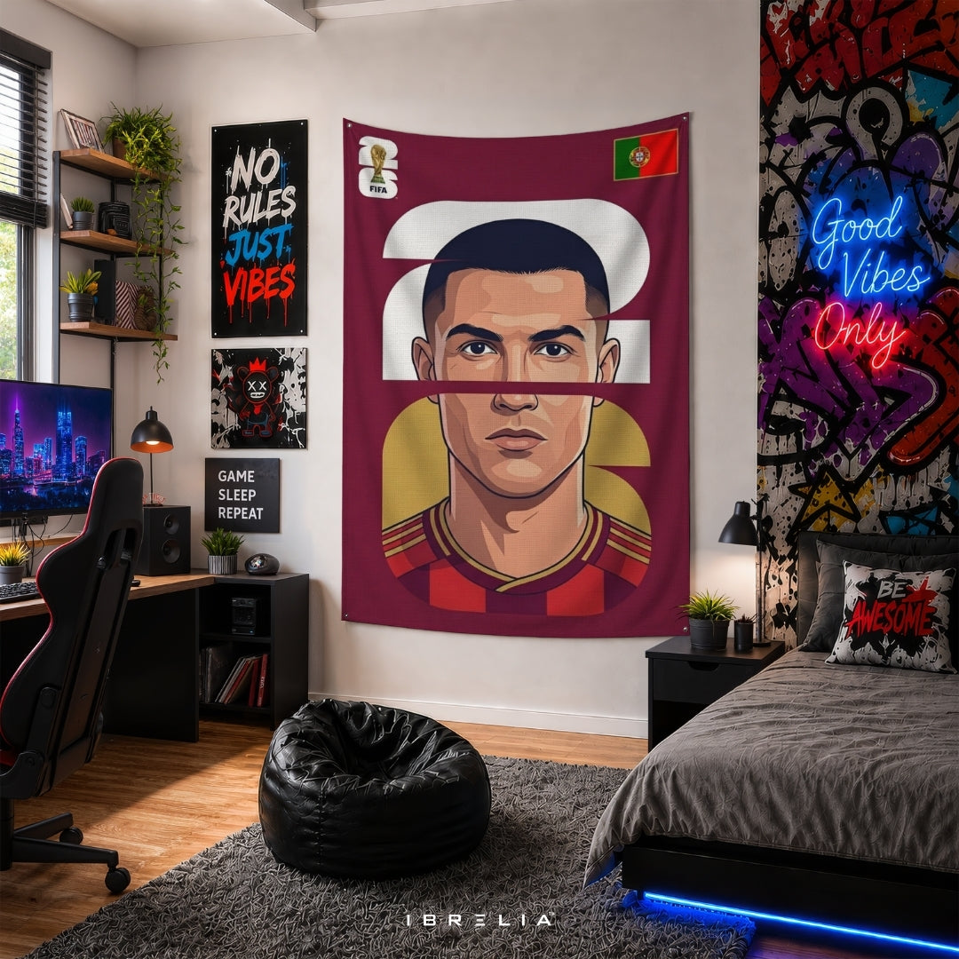 Cristiano Ronaldo Portugal Number 7 Graphic Portrait Edition – Premium Jute Fabric Tapestry – IBRELIA™