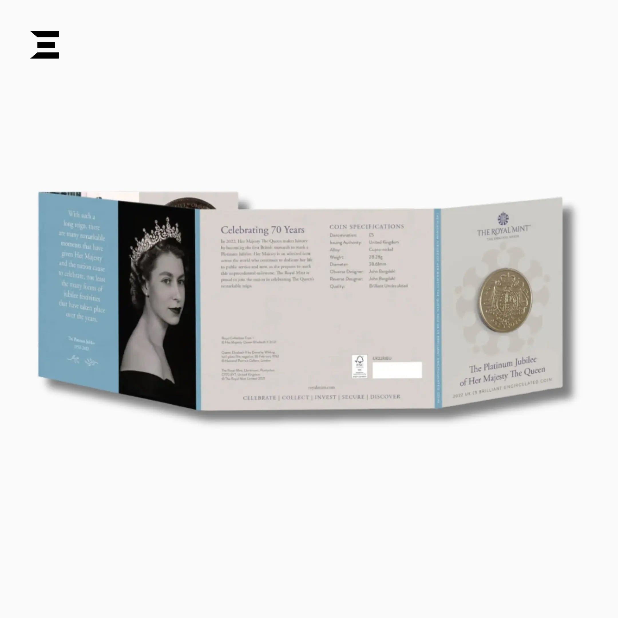 2022 Royal Mint £5 Brilliant Uncirculated Coin – The Queen’s Platinum Jubilee 70 Years IBRELIA