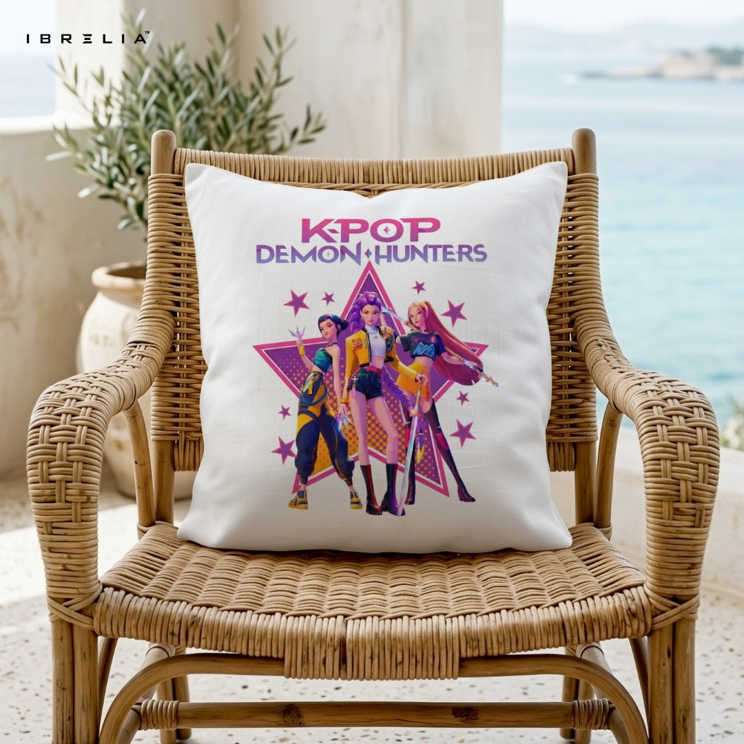 K-Pop Demon Hunters Cushion – Kpop Inspired Anime Style Pillow 15x15 Inch | Girl Squad Cushion | IBRELIA™ IBRELIA
