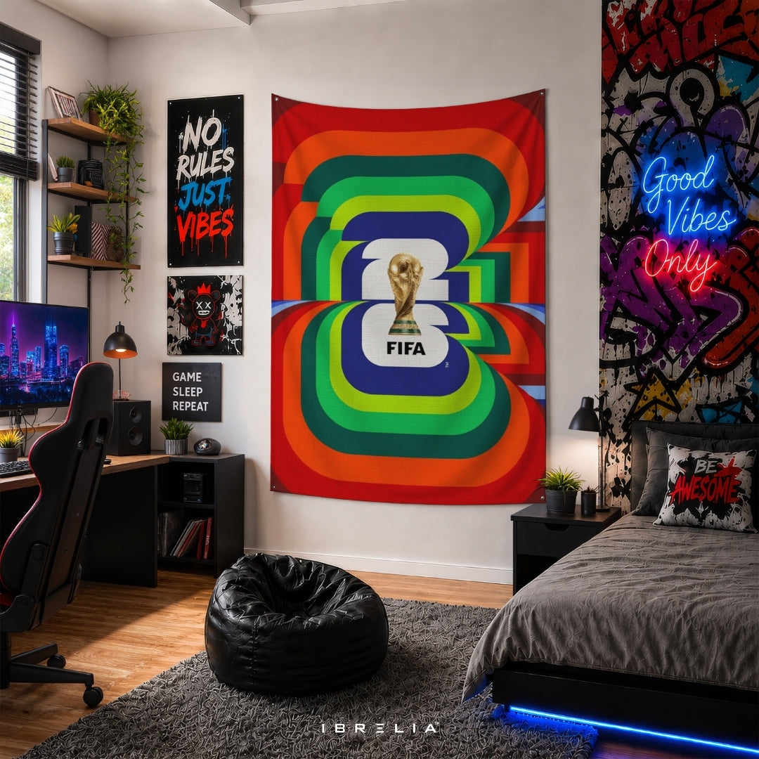 FIFA World Cup 2026 Retro Spectrum Emblem Edition – Premium Jute Fabric Tapestry – IBRELIA™