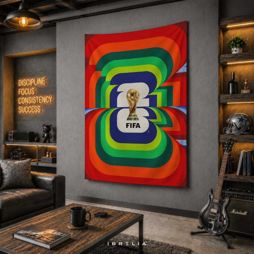 FIFA World Cup 2026 Retro Spectrum Emblem Edition – Premium Jute Fabric Tapestry – IBRELIA™