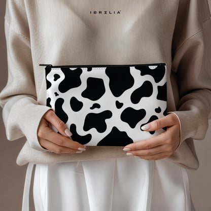 Cow Print Minimalist Makeup & Pencil Pouch – Black & White Aesthetic – IBRELIA™