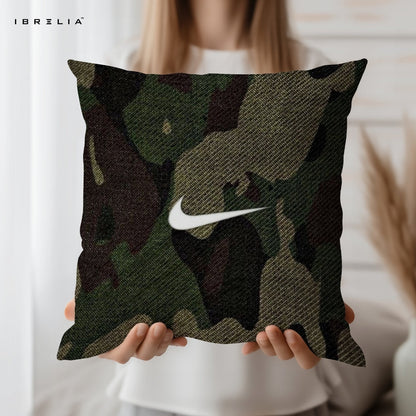 Nike Camo Cushion – Streetwear Swoosh Pillow 15x15 Inch | Military Style Cushion | IBRELIA™ IBRELIA