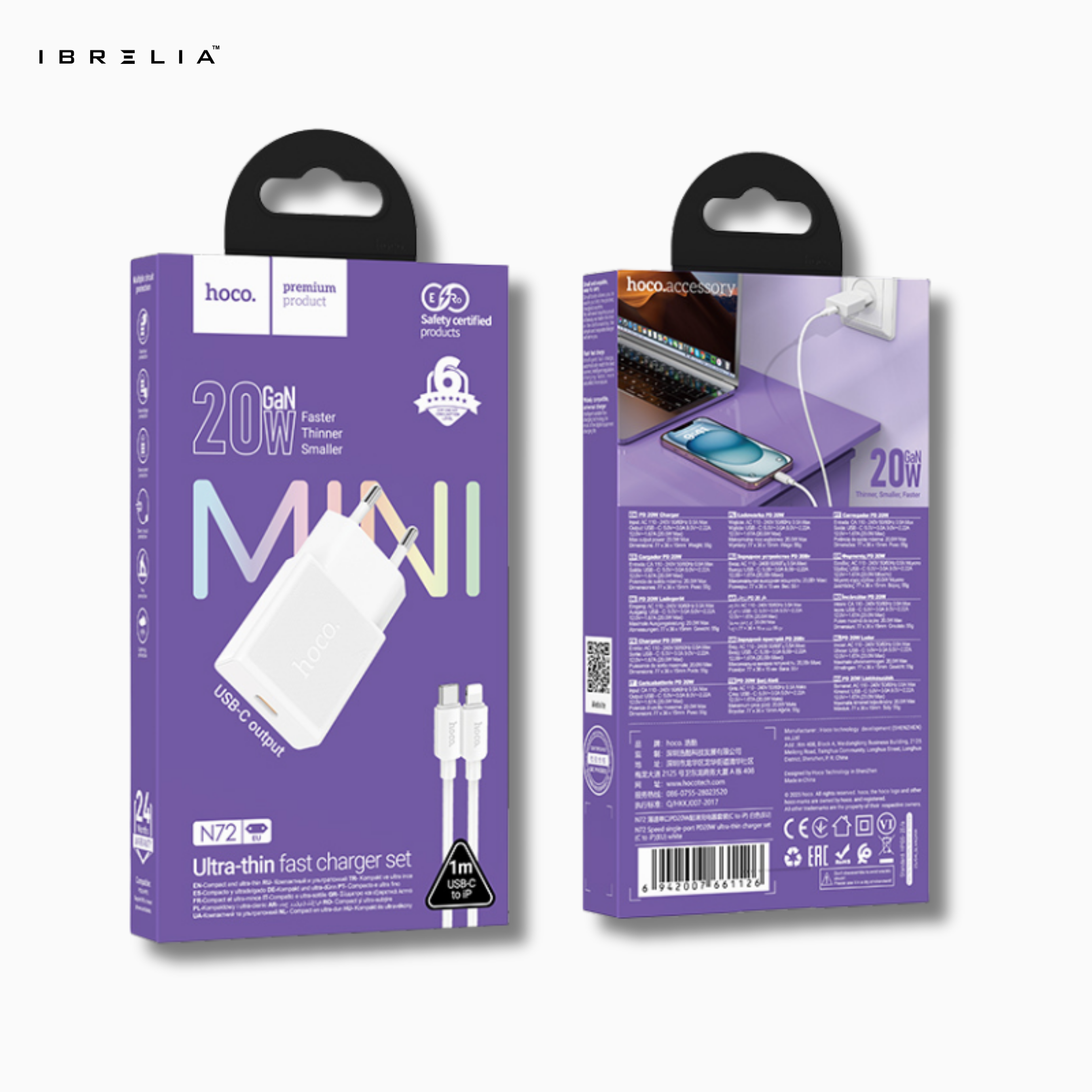 HOCO N72 MINI 20W GaN Ultra-Thin Fast Charger Set (USB-C to iPhone Cable) | IBRELIA™