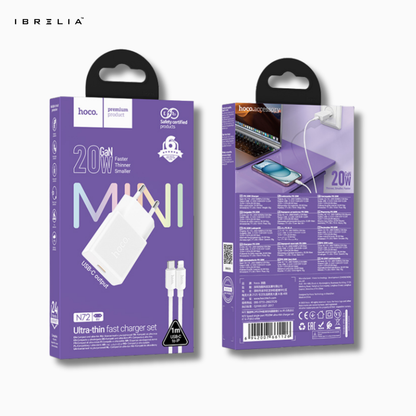 HOCO N72 MINI 20W GaN Ultra-Thin Fast Charger Set (USB-C to iPhone Cable) | IBRELIA™