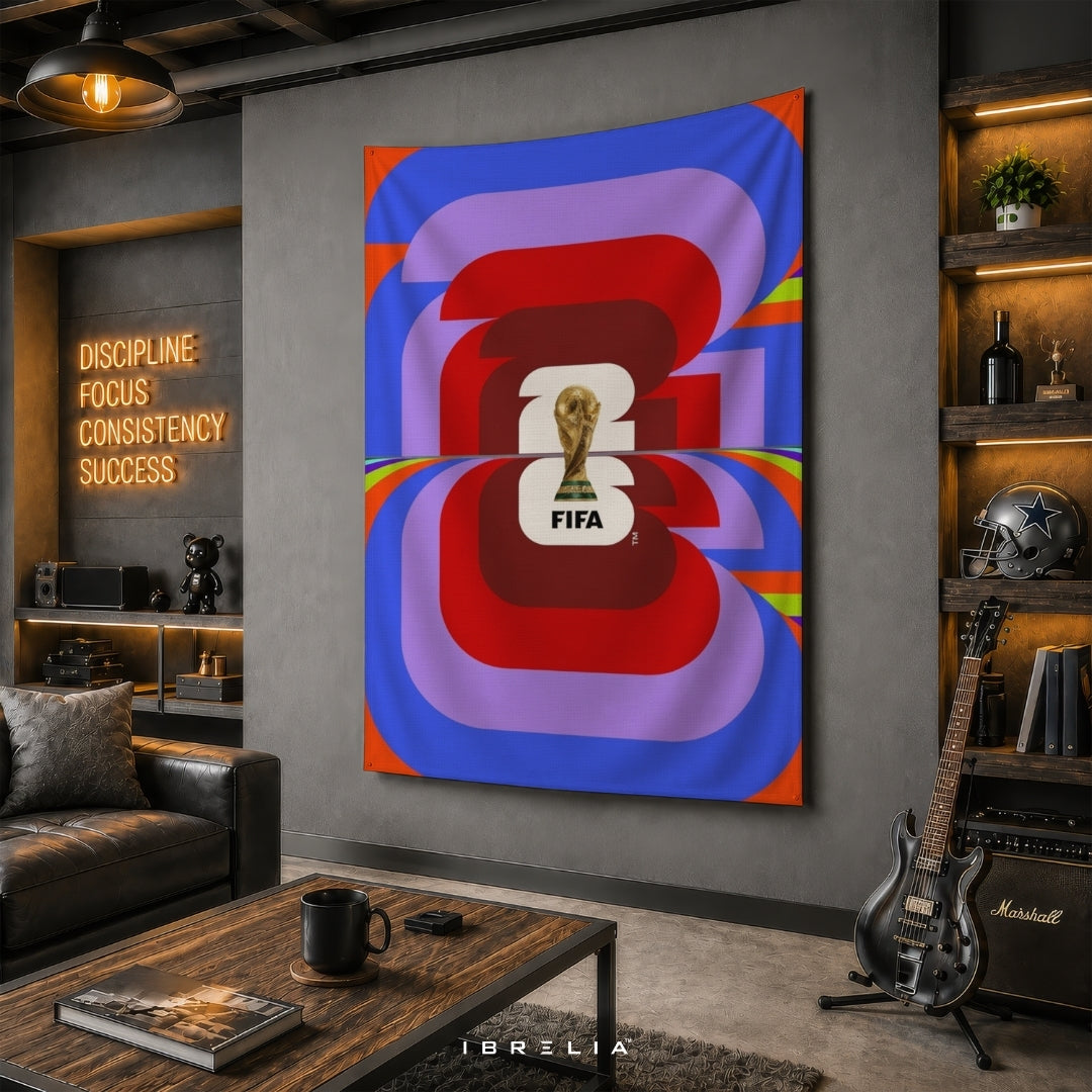 FIFA World Cup 2026 Retro Wave Emblem Edition – Premium Jute Fabric Tapestry – IBRELIA™
