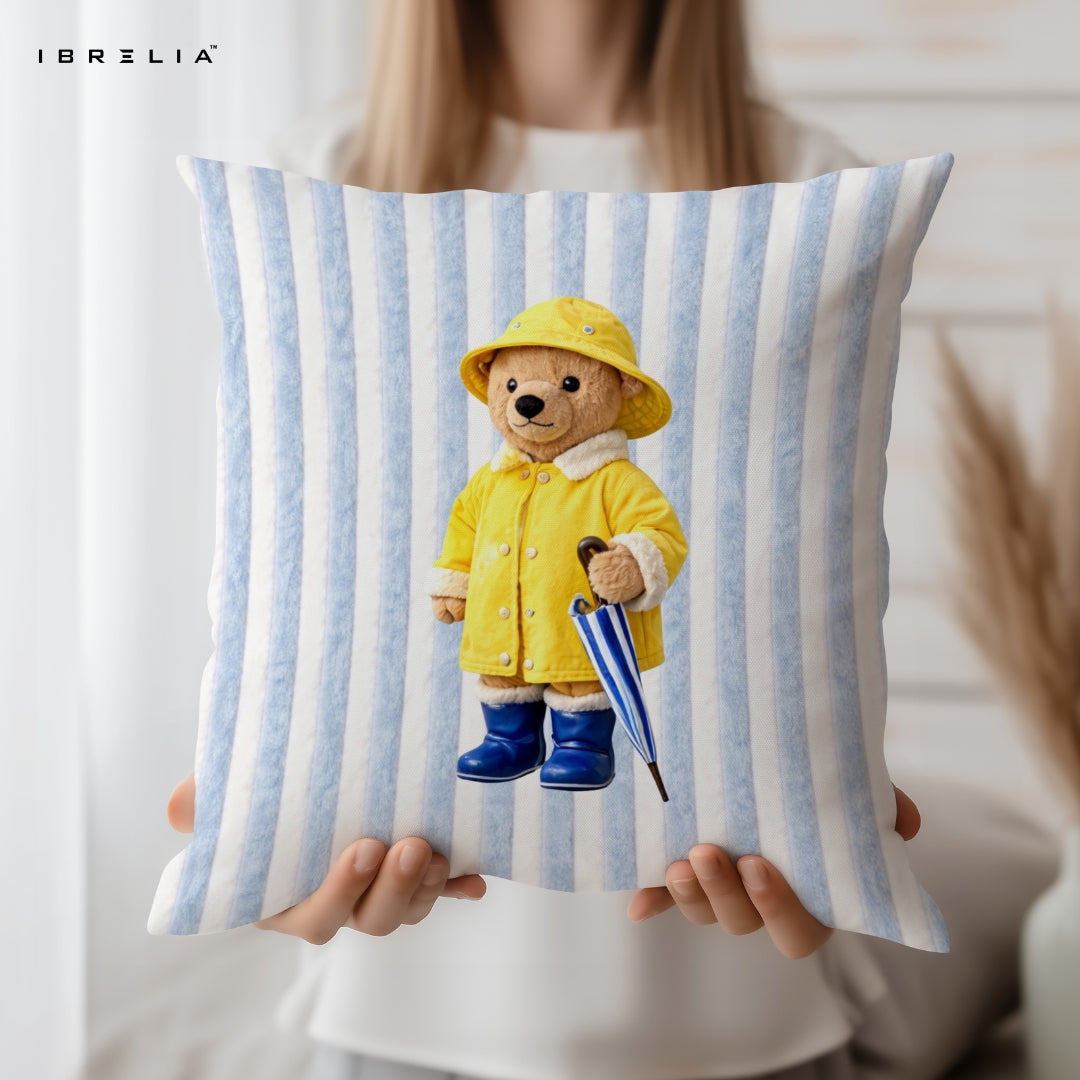 Raincoat Teddy Cushion – Aesthetic Bear Pillow 15x15 Inch | Jute Textured Premium Cushion | IBRELIA™