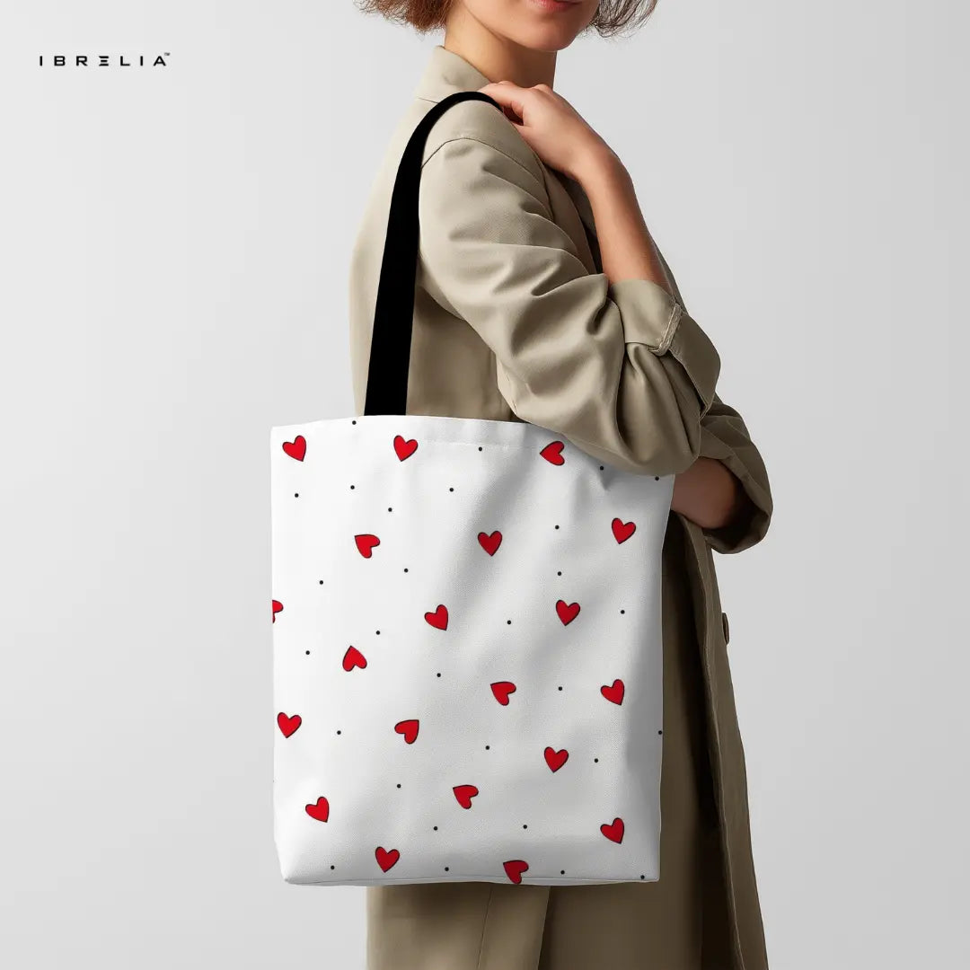 Red Hearts Tote Bag – Cute Minimalist Jute Tote with Velvet Handles | IBRELIA™ IBRELIA
