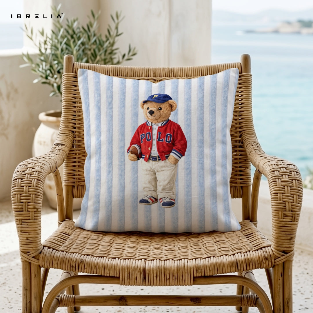 Polo Teddy Cushion – Preppy Bear Pillow 15x15 Inch | Jute Textured Premium Cushion | IBRELIA™