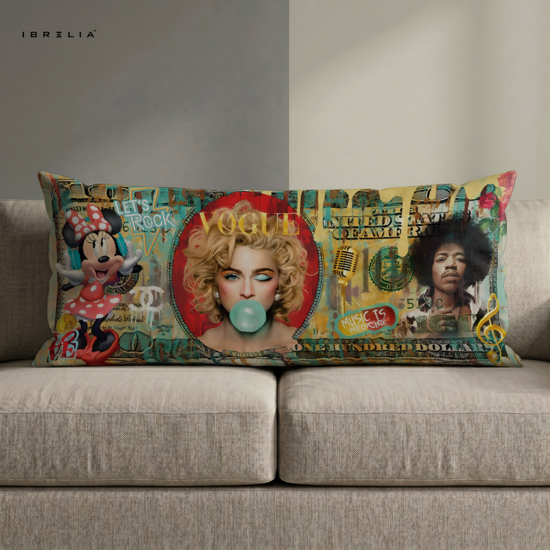 IBRELIA™ Vogue Music Icons Ultra Wide Cushion – Premium Jute Luxury Sofa Pillow (46 x 19 Inches) IBRELIA