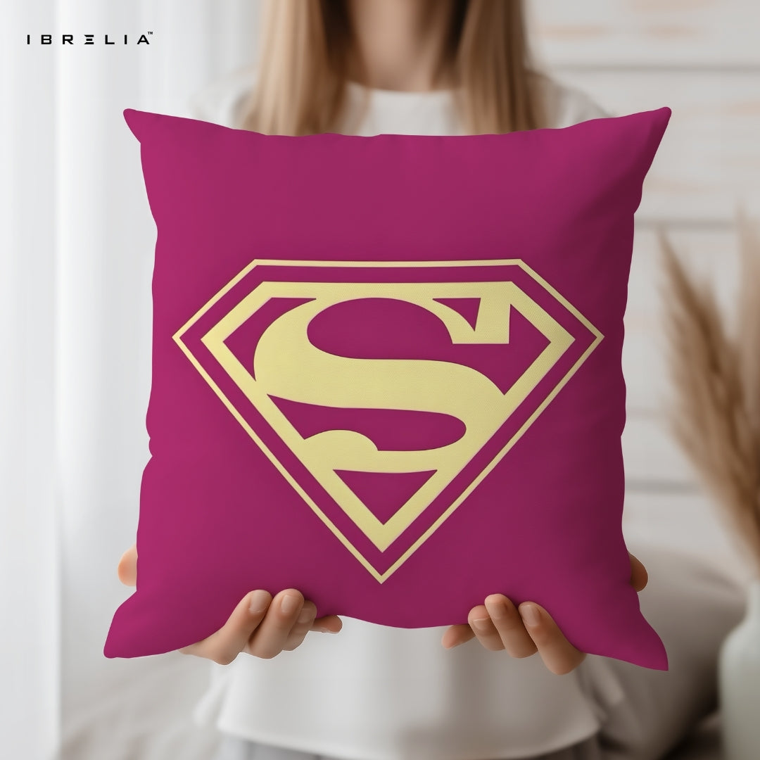 Pink Superman Logo Cushion 15x15 Inch | Superhero Aesthetic Pillow | IBRELIA™ IBRELIA