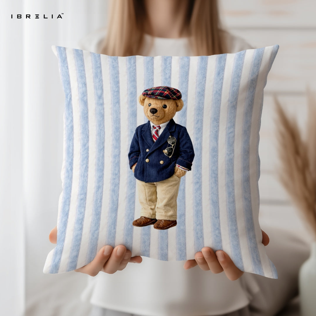 Classic Gentleman Teddy Cushion – Preppy Suit Bear Pillow 15x15 Inch | Jute Textured Premium Cushion | IBRELIA™