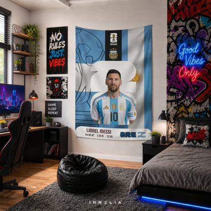 Lionel Messi Argentina Legacy Card Edition – Premium Jute Fabric Tapestry – IBRELIA™