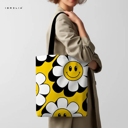 Smiley Daisy Tote Bag – Retro Y2K Jute Tote with Velvet Handles | IBRELIA™ IBRELIA