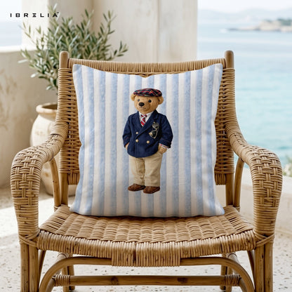 Classic Gentleman Teddy Cushion – Preppy Suit Bear Pillow 15x15 Inch | Jute Textured Premium Cushion | IBRELIA™ IBRELIA