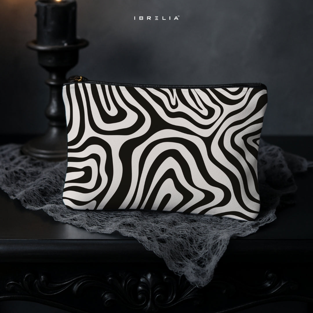 Abstract Monochrome Wave Makeup & Pencil Pouch – Modern Black & White Organizer – IBRELIA™