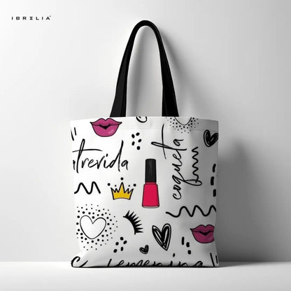 Coqueta Girly Tote Bag – Bold Feminine Doodle Jute Tote with Velvet Handles | IBRELIA™ IBRELIA