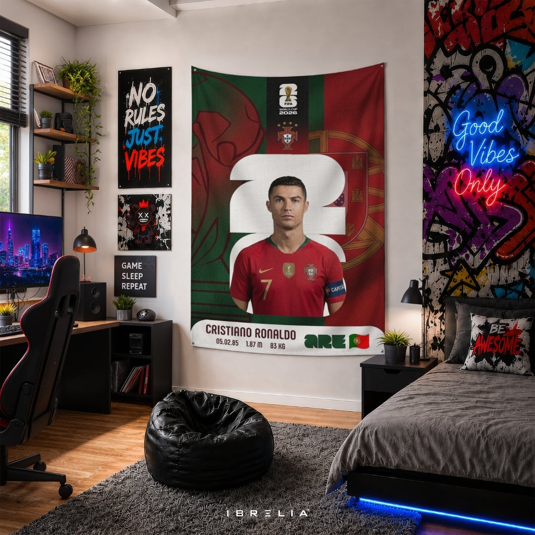 Cristiano Ronaldo Portugal Heritage Card Edition – Premium Jute Fabric Tapestry – IBRELIA™