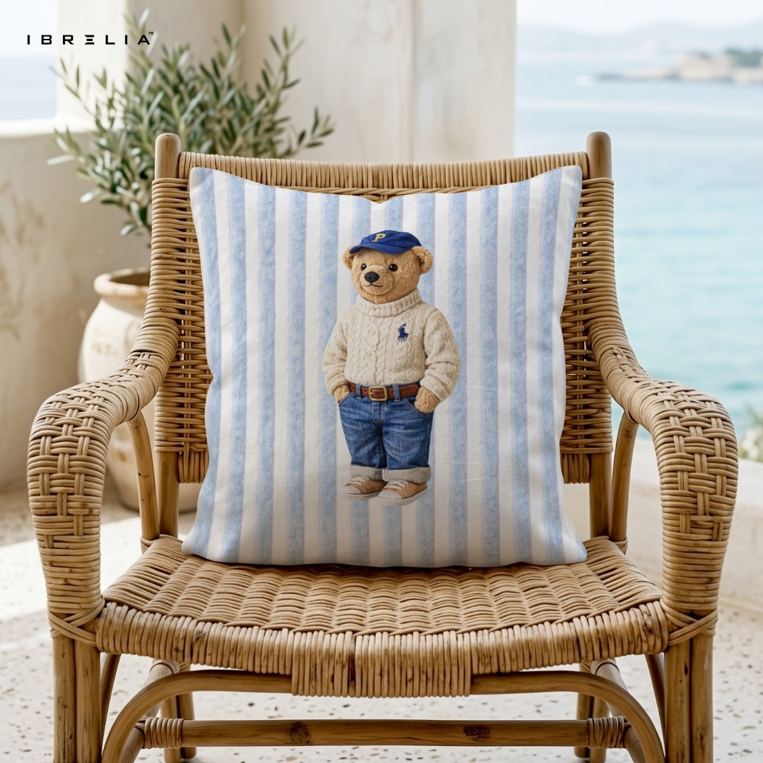 Casual Polo Teddy Cushion – Preppy Bear Pillow 15x15 Inch | Jute Textured Premium Cushion | IBRELIA™