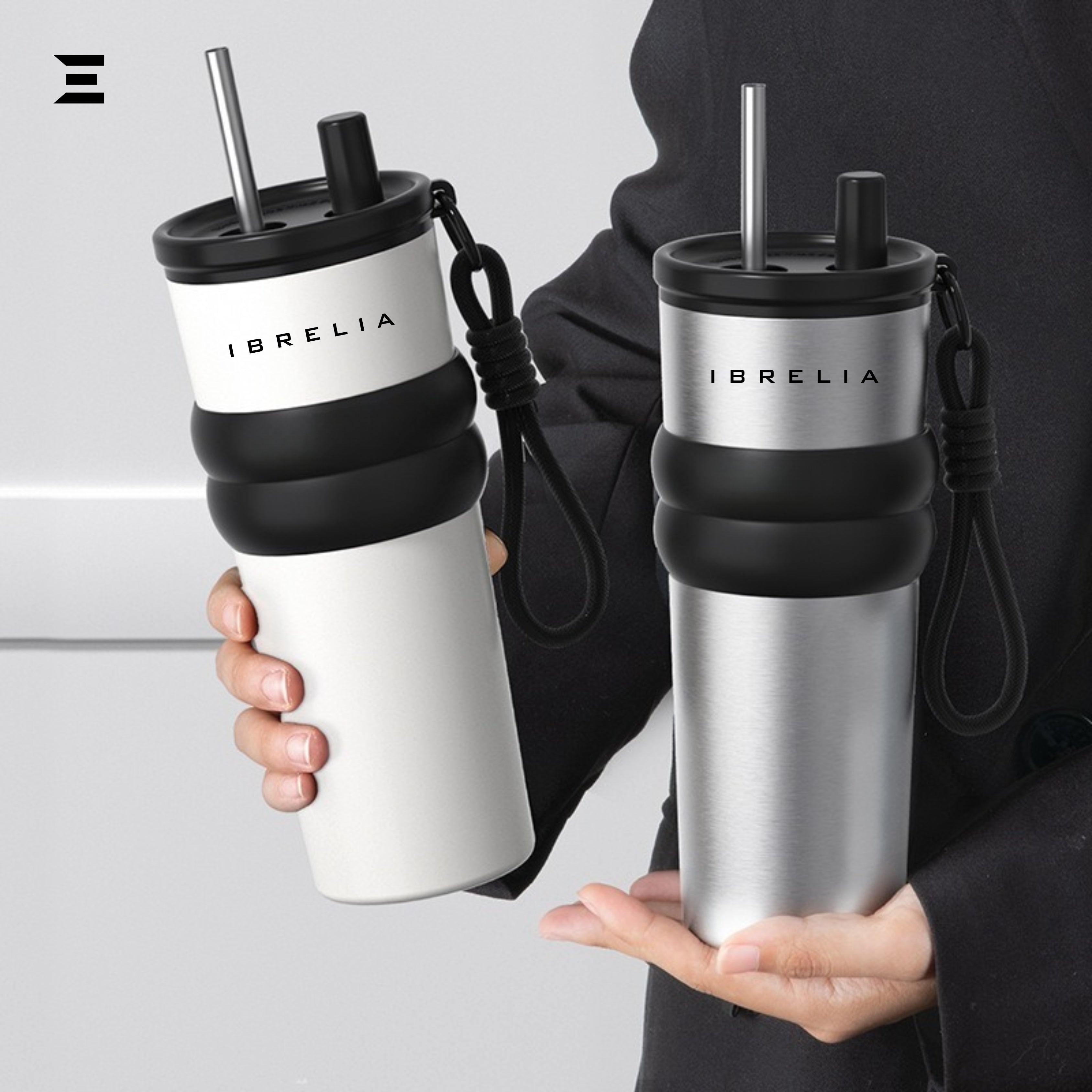 IBRELIA™ Stainless Steel Travel Tumbler – 900ml | Insulated Vacuum Flask with Straw & Grip Handle IBRELIA
