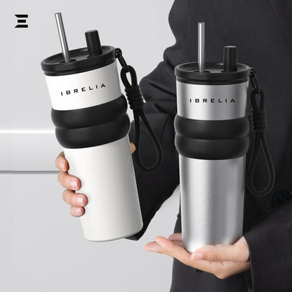 IBRELIA™ Stainless Steel Travel Tumbler – 900ml | Insulated Vacuum Flask with Straw & Grip Handle IBRELIA