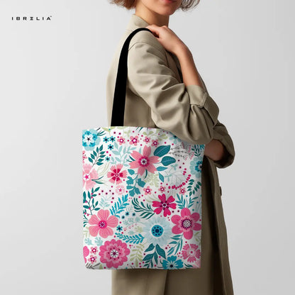 Pink Floral Bloom Tote Bag – Spring Botanical Jute Tote with Velvet Handles | IBRELIA™ IBRELIA