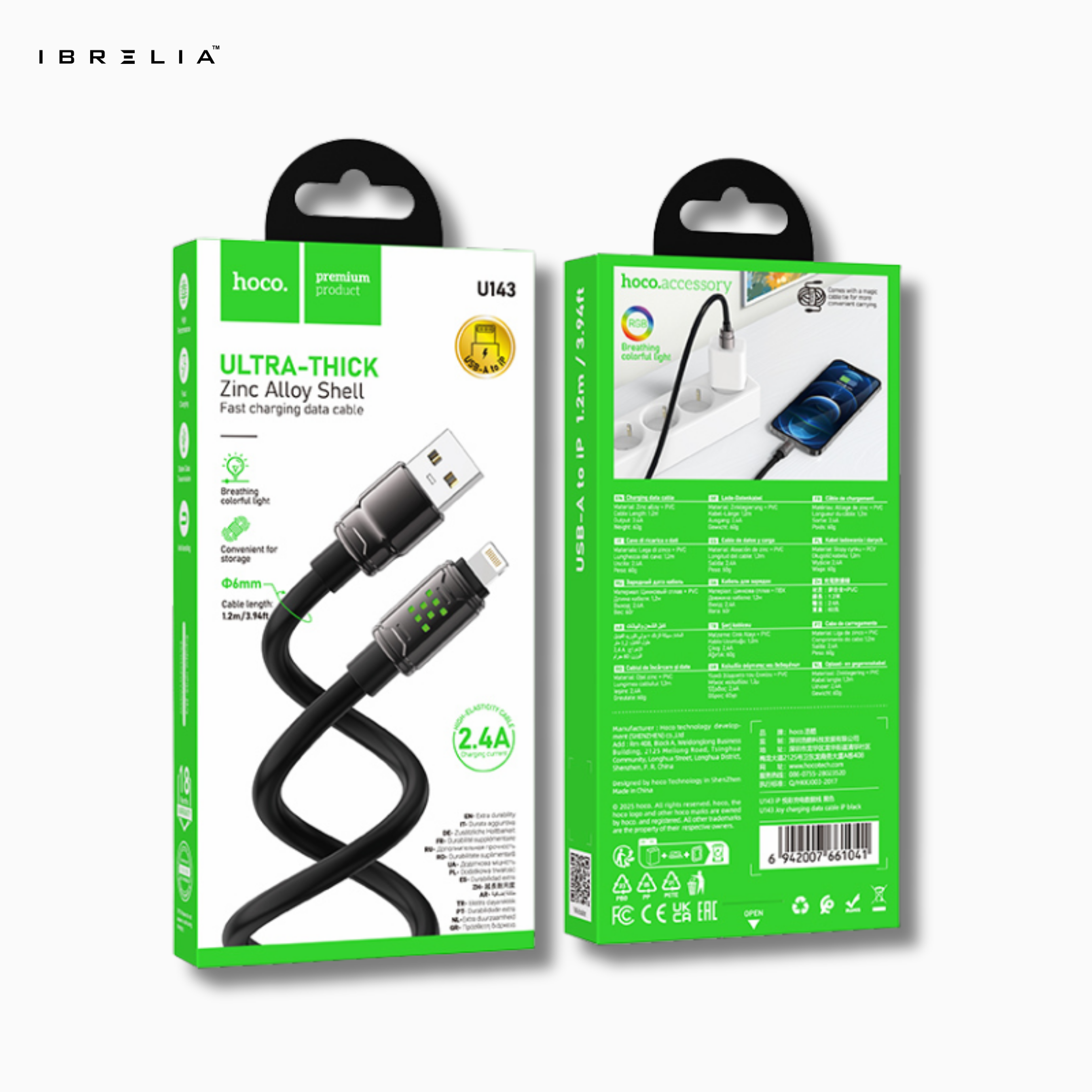 HOCO U143 Joy Ultra-Thick 2.4A Zinc Alloy Charging Data Cable for iPhone | IBRELIA™