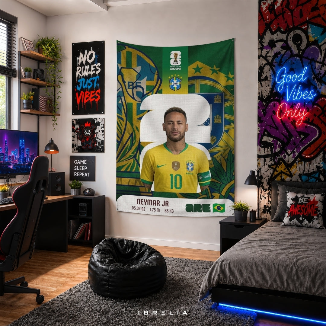 Neymar Jr Brazil Heritage Card Edition Premium Jute Fabric Tapestry | Football Wall Hanging | IBRELIA™