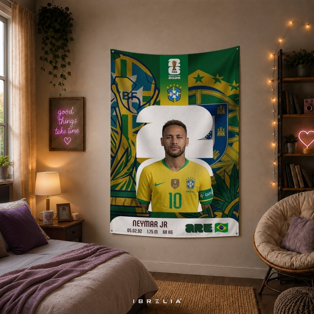 Neymar Jr Brazil Heritage Card Edition Premium Jute Fabric Tapestry | Football Wall Hanging | IBRELIA™