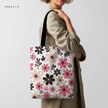 Pink & Black Daisy Tote Bag – Retro Floral Jute Tote with Velvet Handles | IBRELIA™ IBRELIA