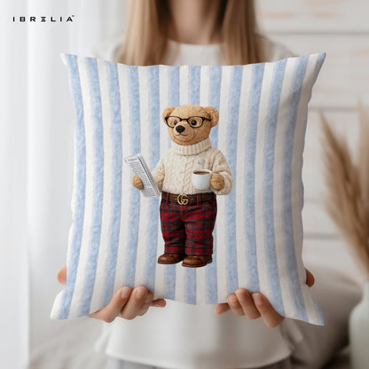Intellectual Teddy Cushion – Aesthetic Reader Bear Pillow 15x15 Inch | Jute Textured Premium Cushion | IBRELIA™ IBRELIA