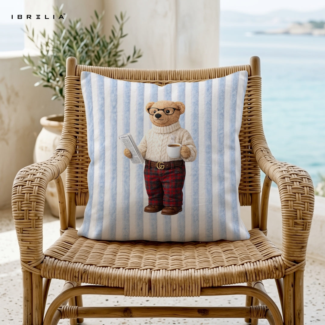 Intellectual Teddy Cushion – Aesthetic Reader Bear Pillow 15x15 Inch | Jute Textured Premium Cushion | IBRELIA™ IBRELIA