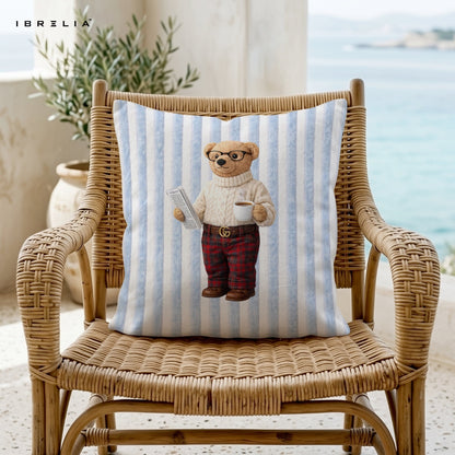 Intellectual Teddy Cushion – Aesthetic Reader Bear Pillow 15x15 Inch | Jute Textured Premium Cushion | IBRELIA™ IBRELIA