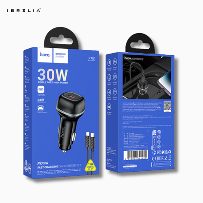 HOCO Z58 Rank Single Port PD30W Car Charger Set – 30W USB-C Fast Charger + 1m C to iPhone Cable | IBRELIA™