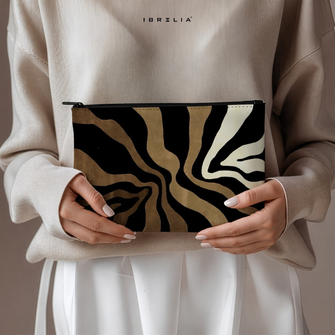 Abstract Zebra Wave Makeup & Pencil Pouch – Neutral Animal Print Aesthetic Organizer – IBRELIA™