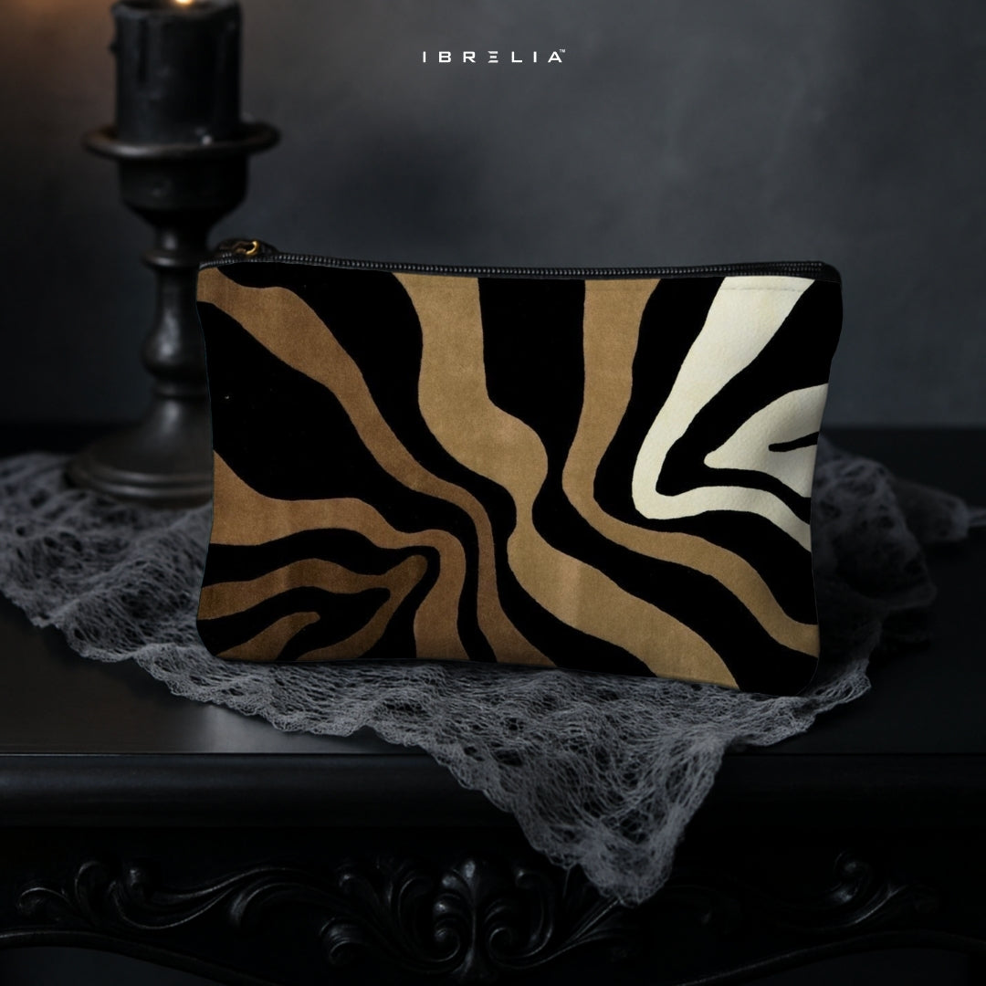 Abstract Zebra Wave Makeup & Pencil Pouch – Neutral Animal Print Aesthetic Organizer – IBRELIA™