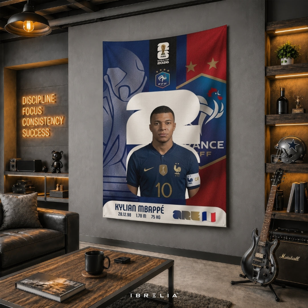 Kylian Mbappé France World Cup 2026 Player Card Premium Jute Fabric Tapestry | Football Wall Hanging | IBRELIA™