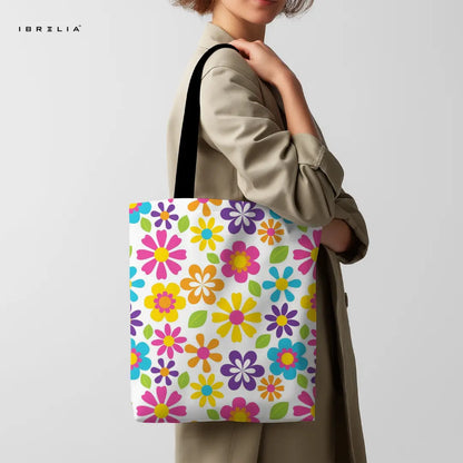 Rainbow Bloom Tote Bag – Colorful Retro Floral Jute Tote with Velvet Handles | IBRELIA™ IBRELIA