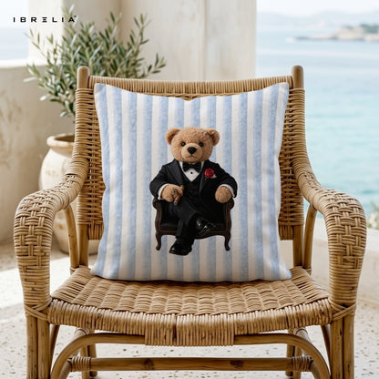 Godfather Teddy Cushion – Luxury Boss Bear Pillow 15x15 Inch | Jute Textured Premium Cushion | IBRELIA™ IBRELIA