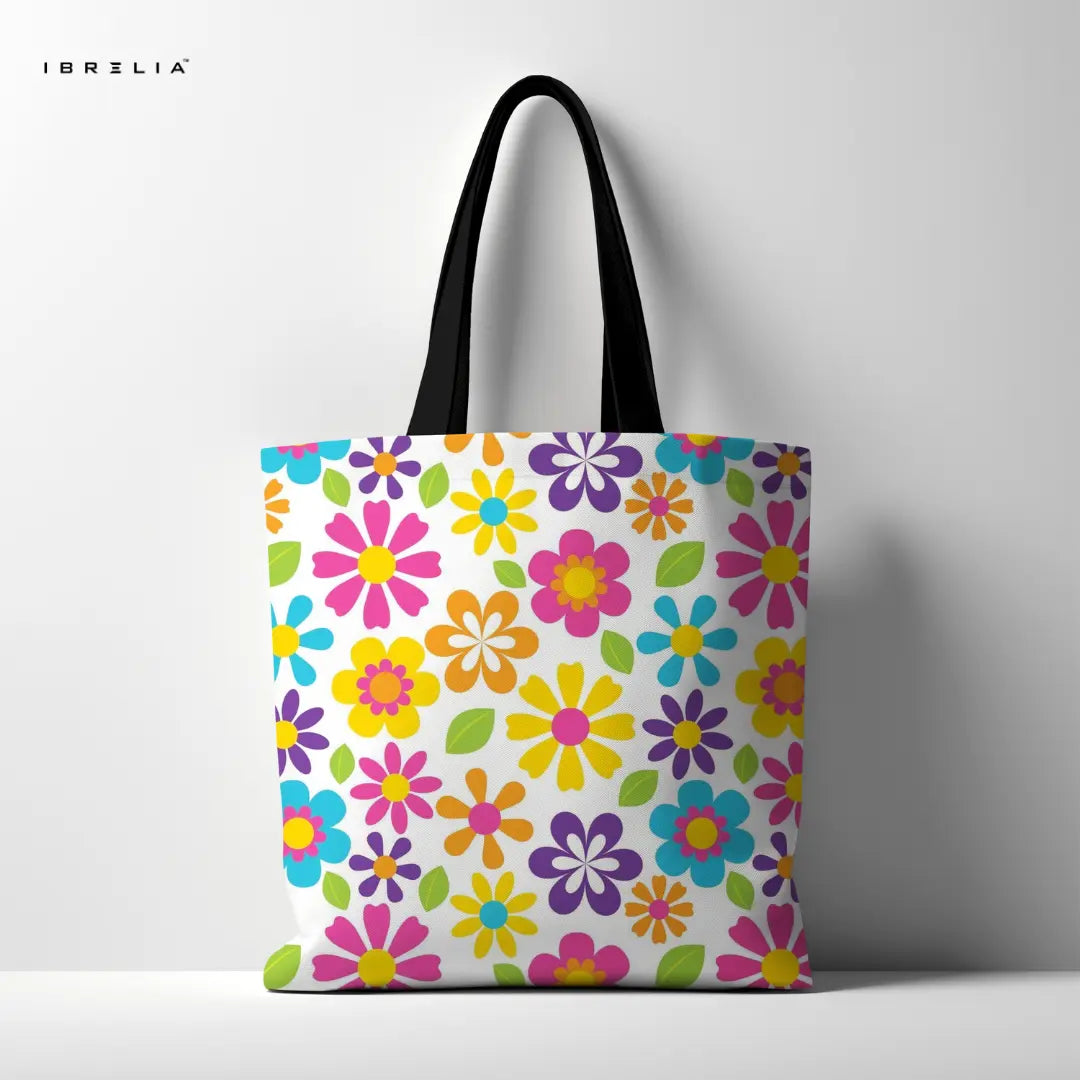 Rainbow Bloom Tote Bag – Colorful Retro Floral Jute Tote with Velvet Handles | IBRELIA™ IBRELIA