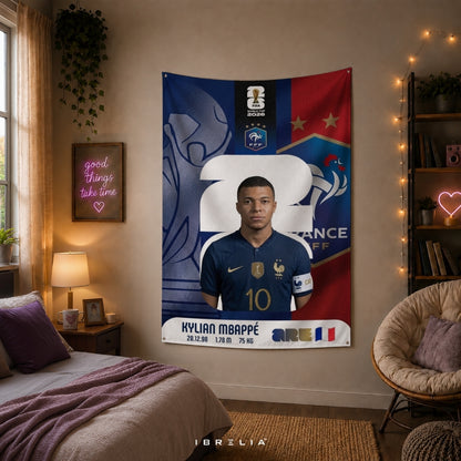Kylian Mbappé France World Cup 2026 Player Card Premium Jute Fabric Tapestry | Football Wall Hanging | IBRELIA™