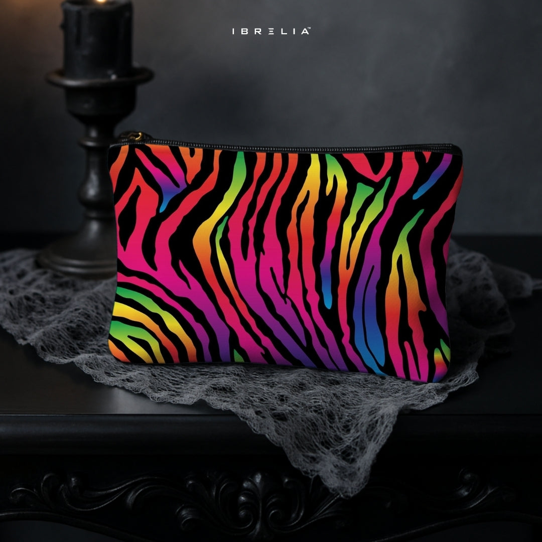 Neon Rainbow Zebra Pattern Makeup & Pencil Pouch – Vibrant Animal Print Organizer – IBRELIA™